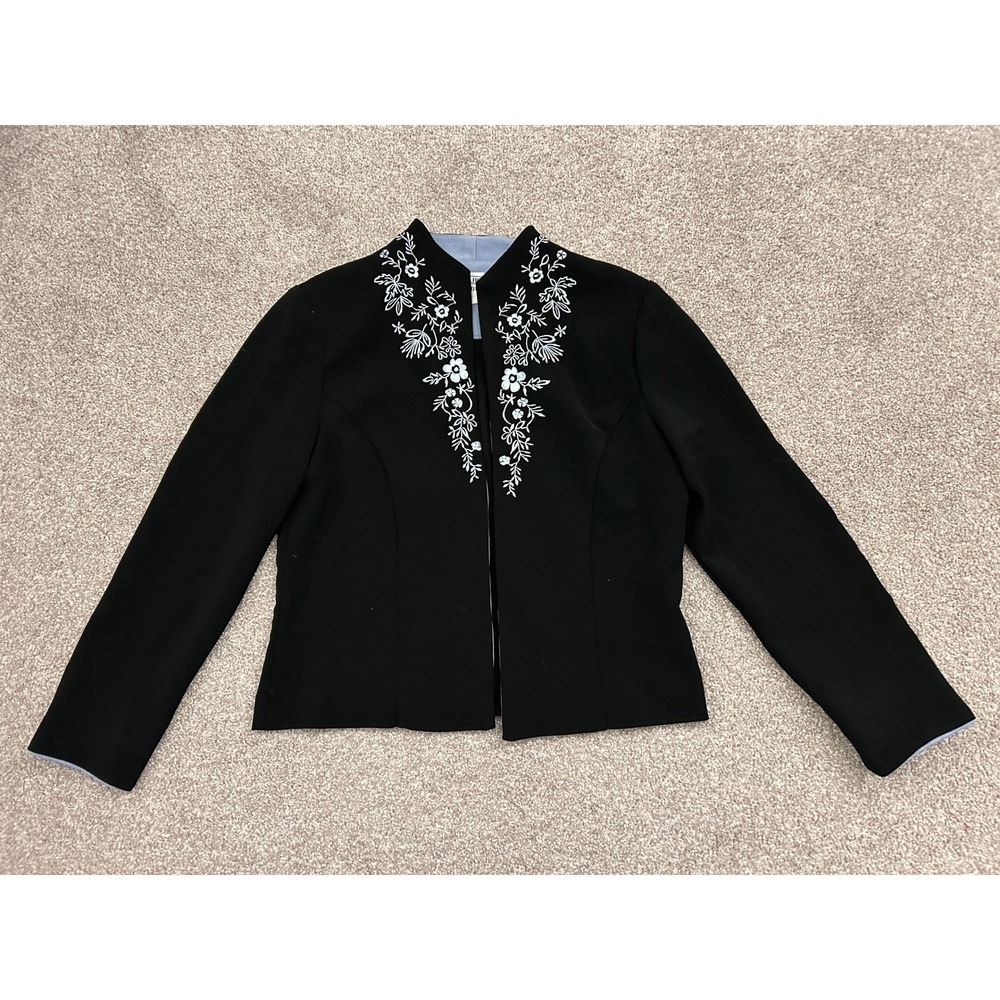 90s Jessica Howard Jacket Women Petite Black Floral Embroidere Open Front Blazer